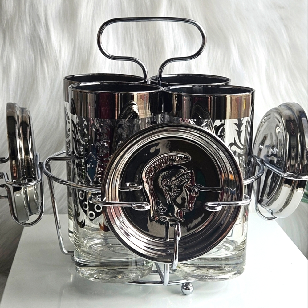 Vintage Kimiko Mid Century Highball Glasses With Coasters + Caddy - COMPLETE SET